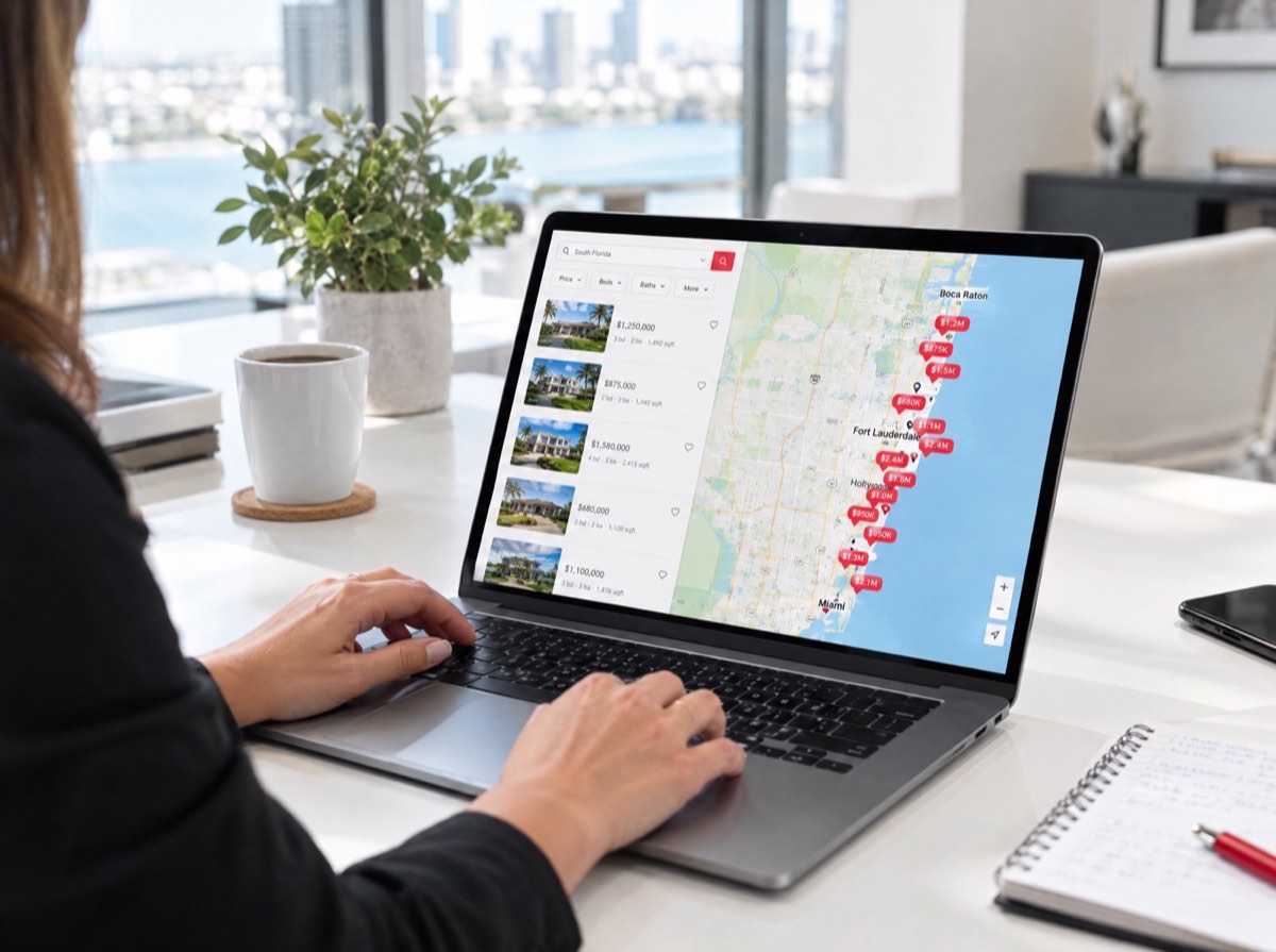 Map search showing property pins across a coastal city